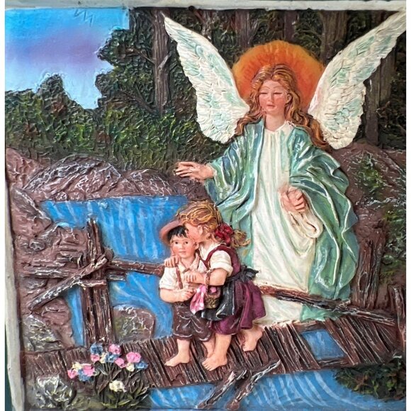 Vintage Guardian Angel 3-D Relief Art Children on Bridge 7"X7" GrannyCore Faith - Picture 8 of 8